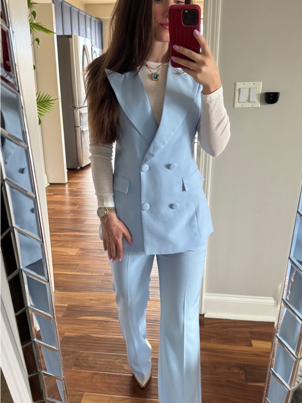 Double-Breasted Light Blue Tailored Vest & Trouser Set